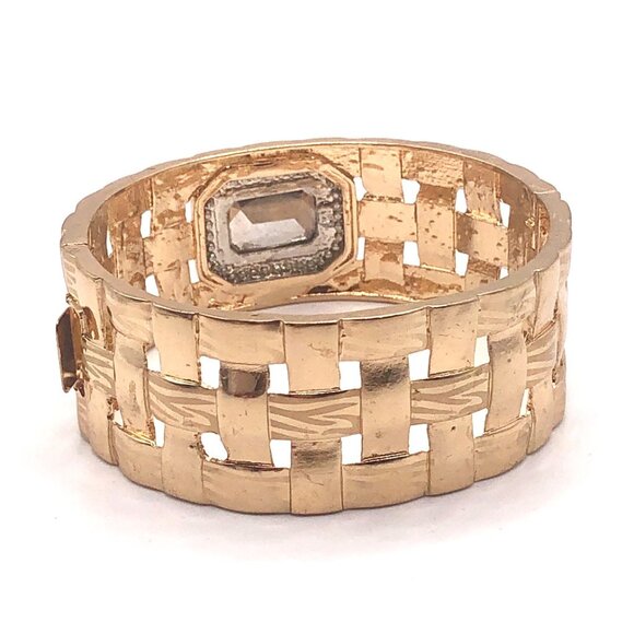 Gold tone lattice clamper bracelet with amber glass stone rhinestone halo - Picture 8 of 10